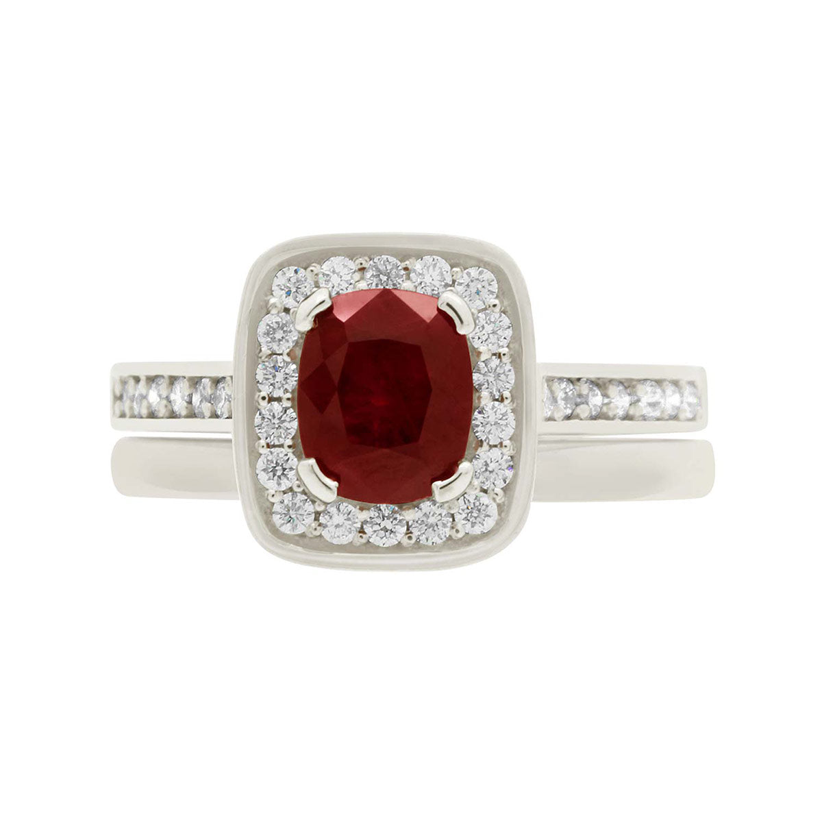 Cushion Cut Ruby Diamond Halo Engagement Ring with White Gold Diamond Pave Band - 'Vivian Ruby'