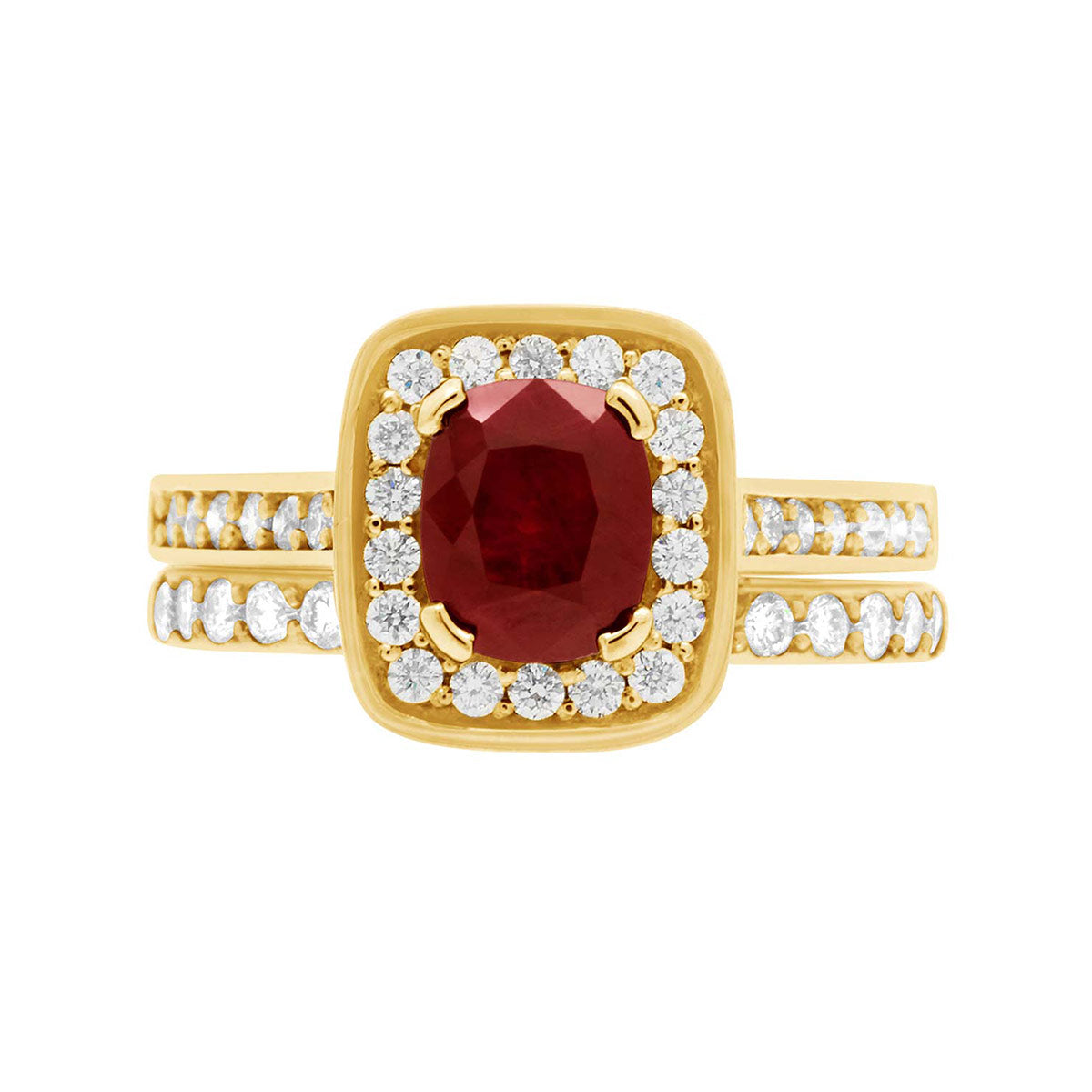 Cushion Cut Ruby Diamond Halo Engagement Ring with Yellow Gold Diamond Pave Band - 'Vivian Ruby'