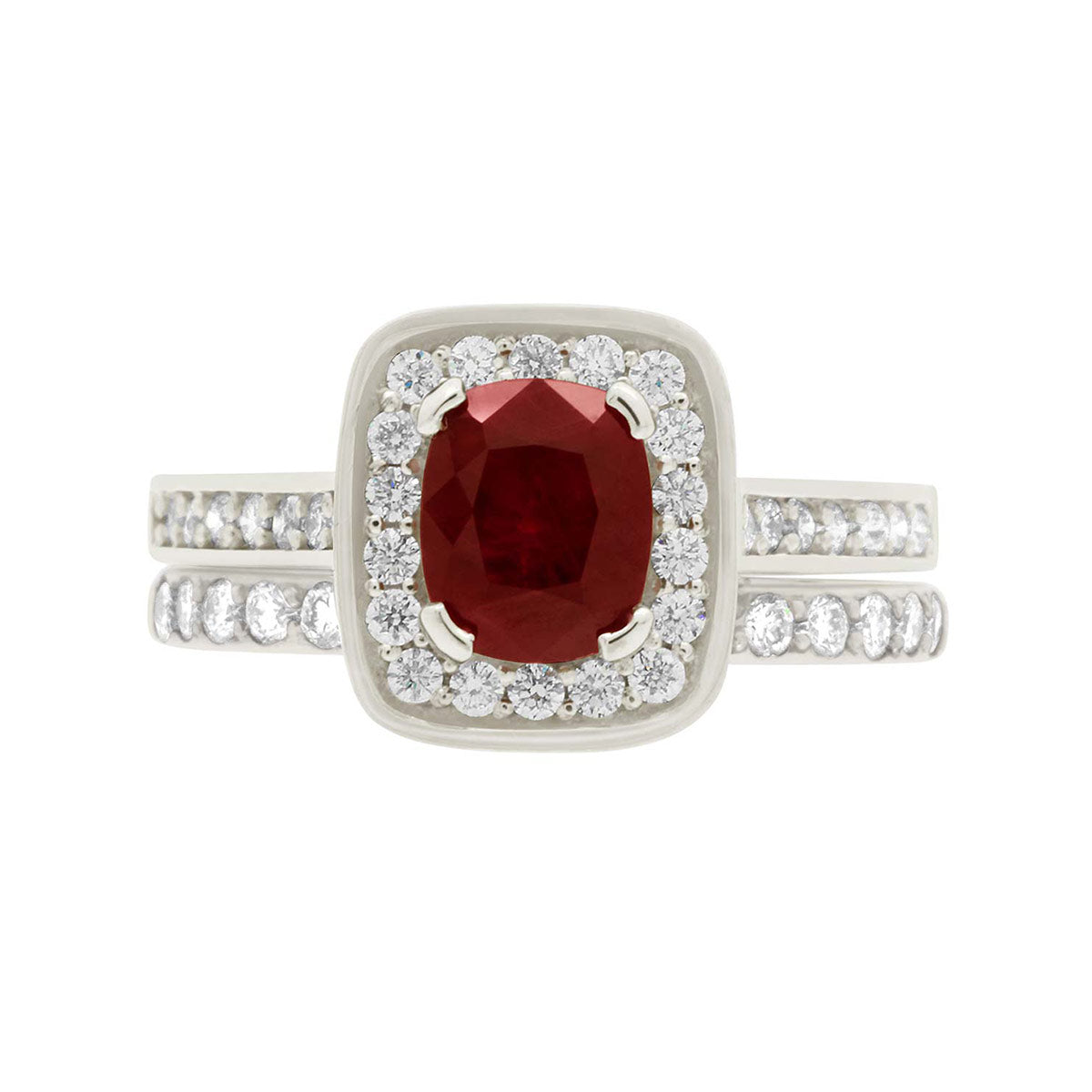 Cushion Cut Ruby Diamond Halo Engagement Ring with White Gold Diamond Pave Band - 'Vivian Ruby'