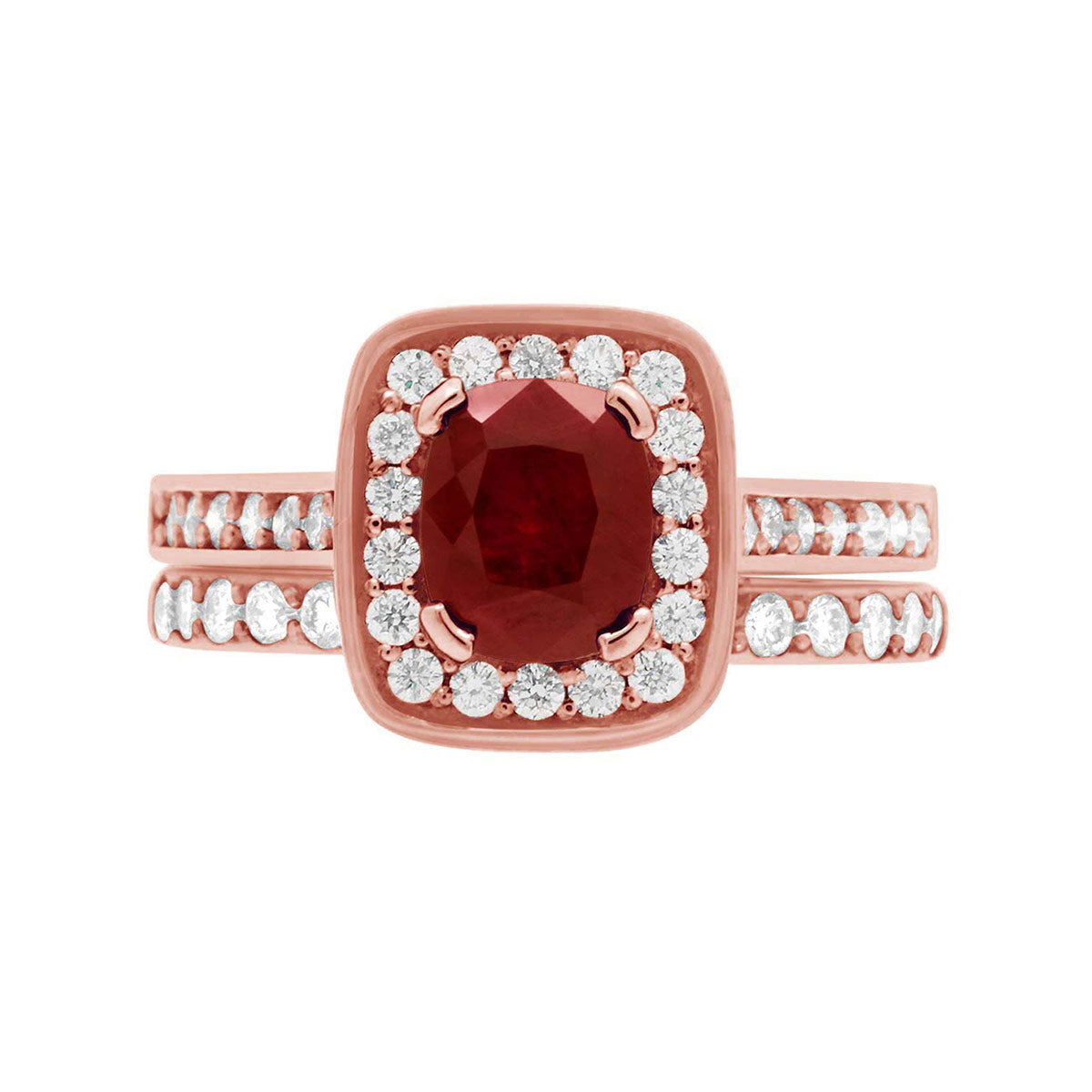 Cushion Cut Ruby Diamond Halo Engagement Ring with Rose Gold Diamond Pave Band - 'Vivian Ruby'