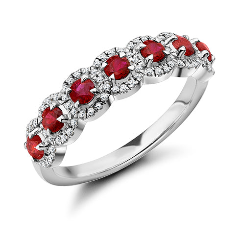 Ruby And Diamond Halo Eternity Ring In White Gold