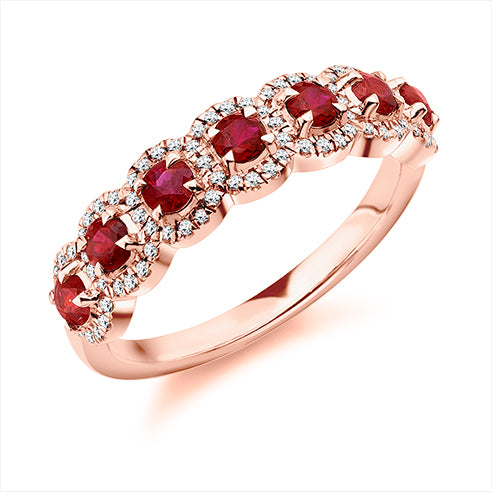 Ruby And Diamond Halo Eternity Ring In Rose Gold