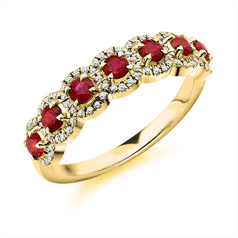 Ruby And Diamond Halo Eternity Ring In Yellow Gold