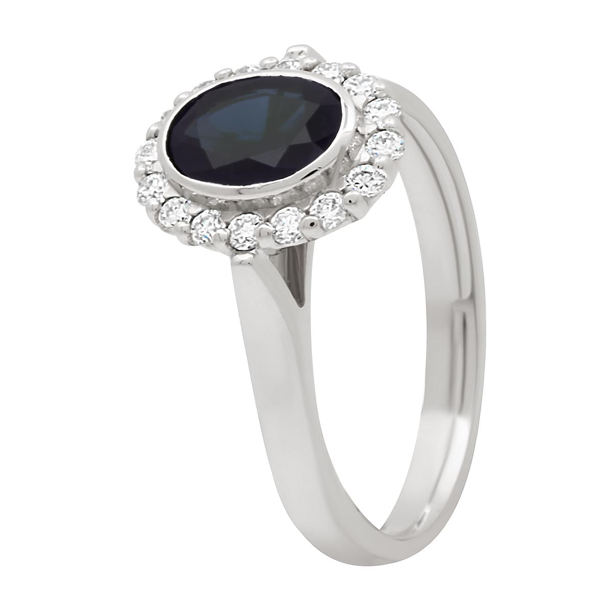 Sapphire Bezel Engagement Ring in white gold standing at an angle