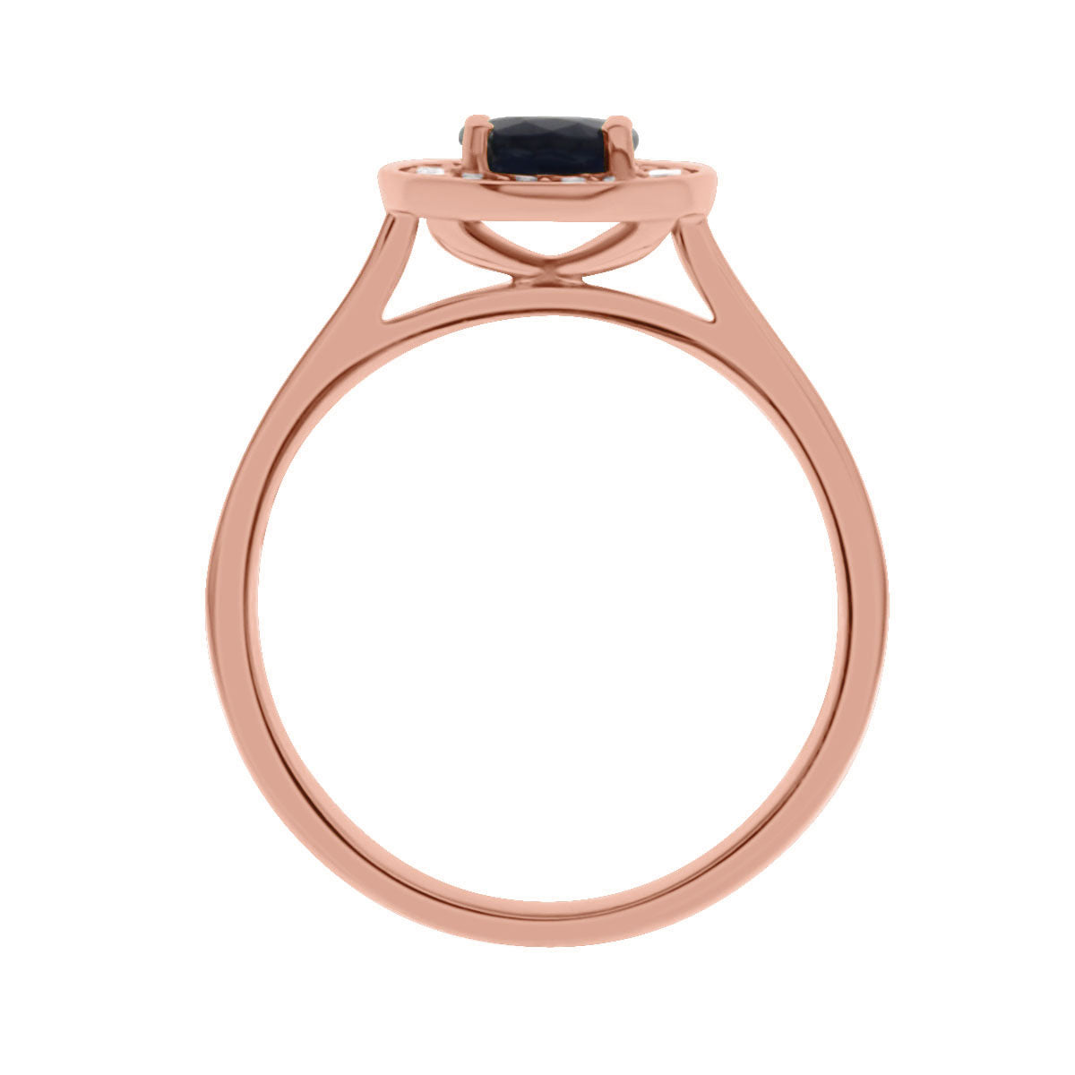 Sapphire Halo Engagement Ring in rose gold standing vertical