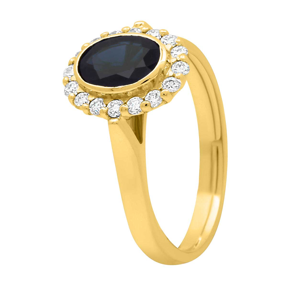 Sapphire Bezel Engagement Ring in yellow gold standing upright and to an angle