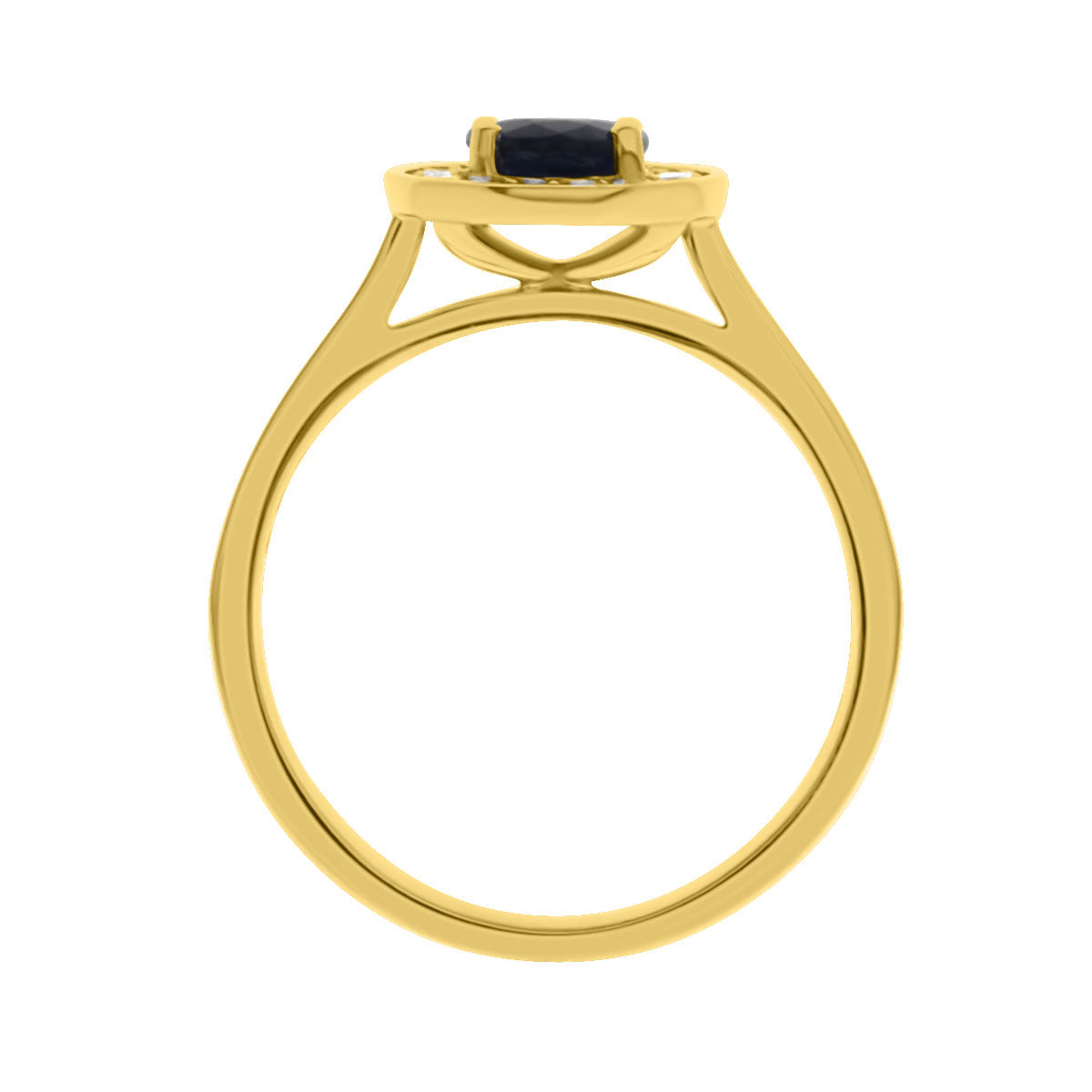 Sapphire Halo Engagement Ring in yellow gold in an upright position