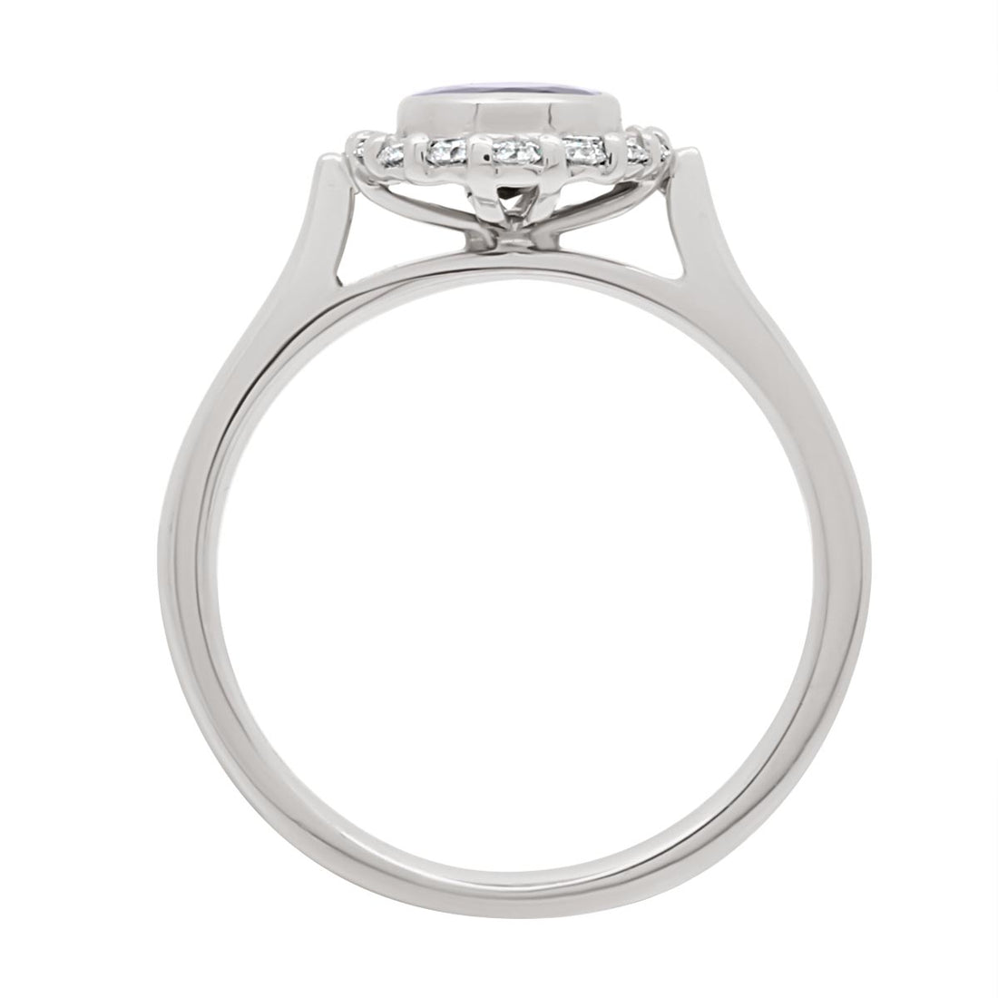 Sapphire Bezel Engagement Ring in white gold standing vertical