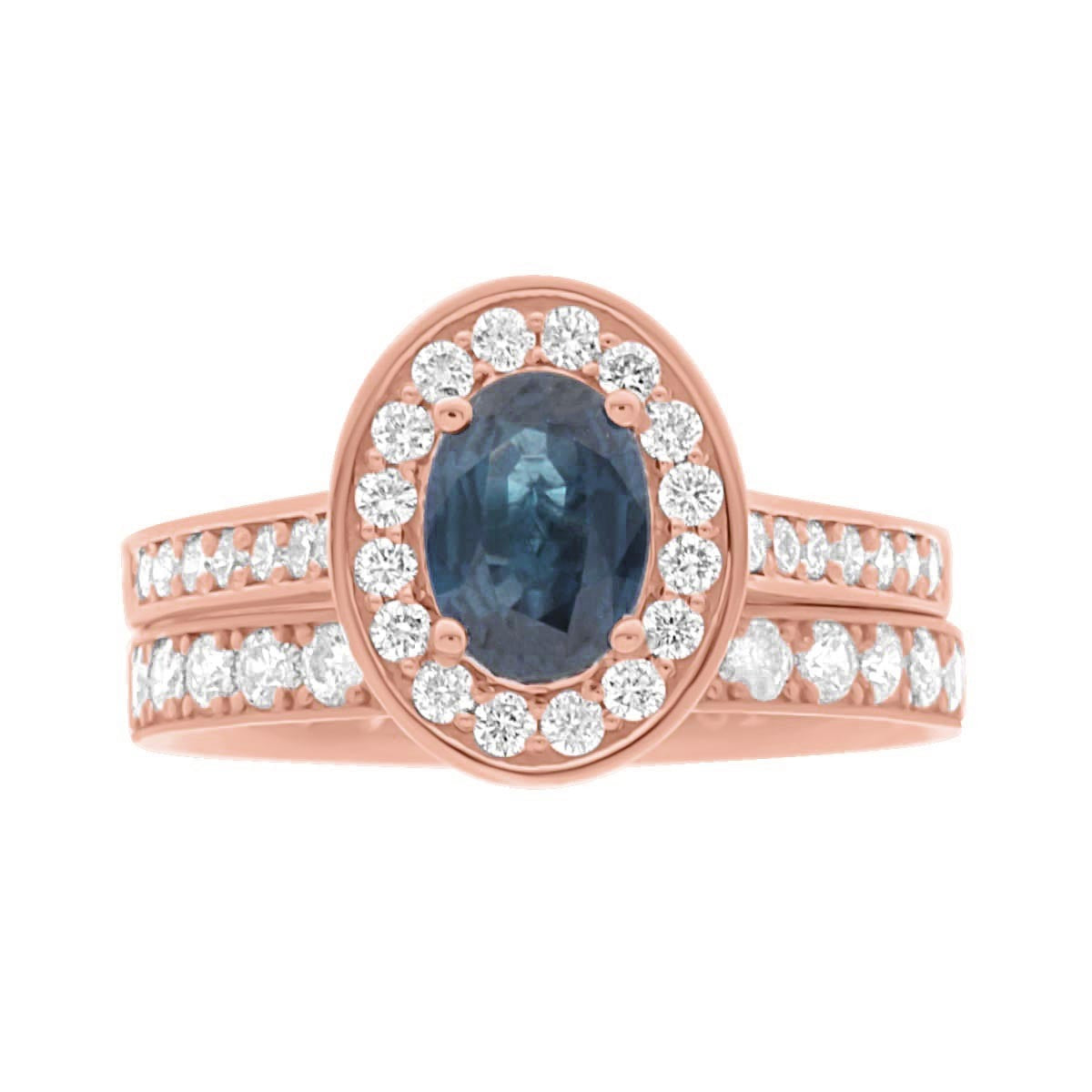 Sapphire Halo Engagement Ring with a matching rose gold and diamond wedding ring