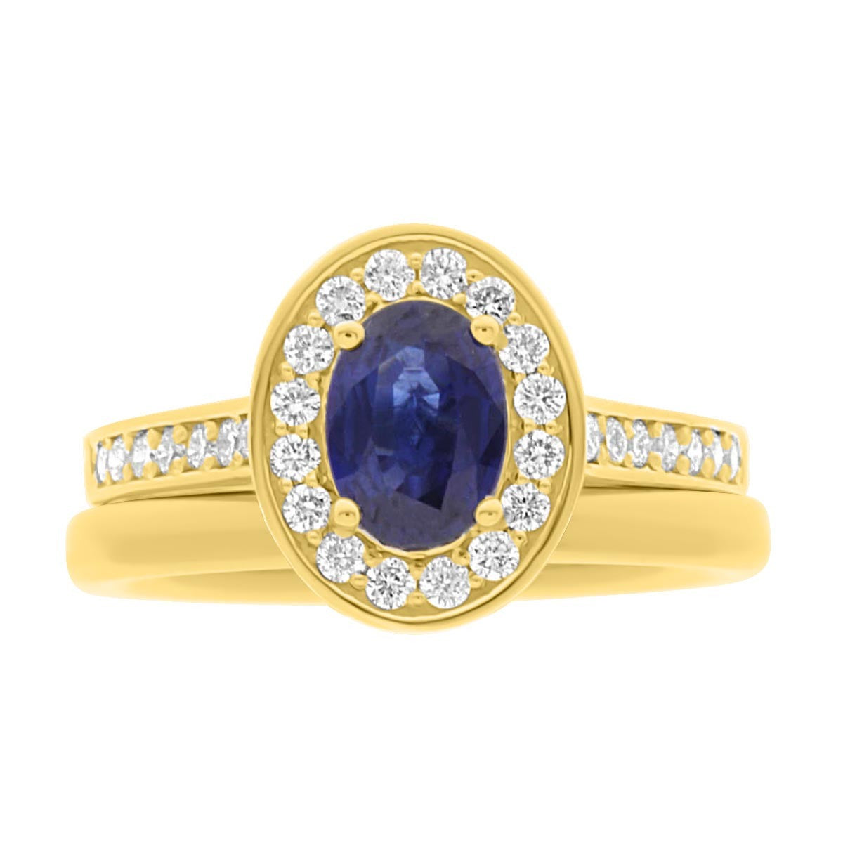 Sapphire Halo Engagement Ring with a matching plain gold wedding ring