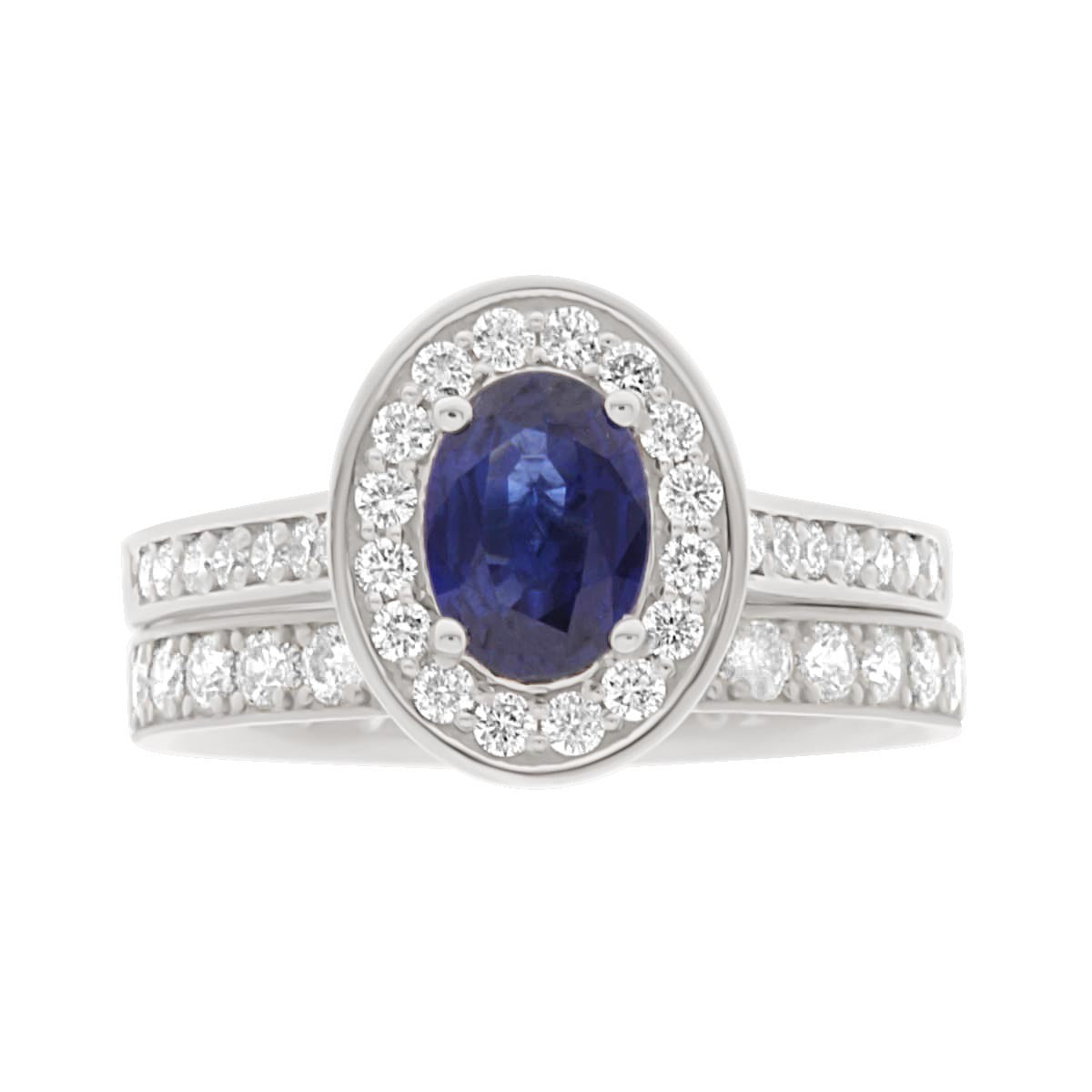 Oval Cut Sapphire Diamond Halo Engagement Ring with Platinum Diamond Pave Band - 'Lily Sapphire'