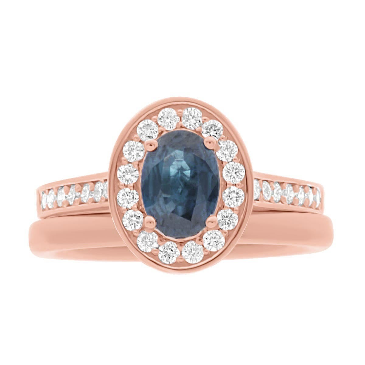 Sapphire Halo Engagement Ring in rose gold with a matching wedding ring