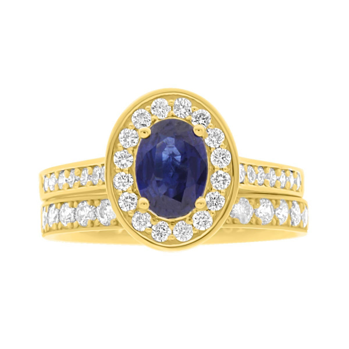 Sapphire Halo Engagement Ring in yellow gold with a matching yellow gold and diamond wedding ring