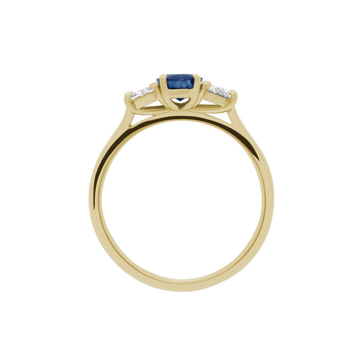 Sapphire & Diamond Trilogy Ring made from yellow gold standing vertically