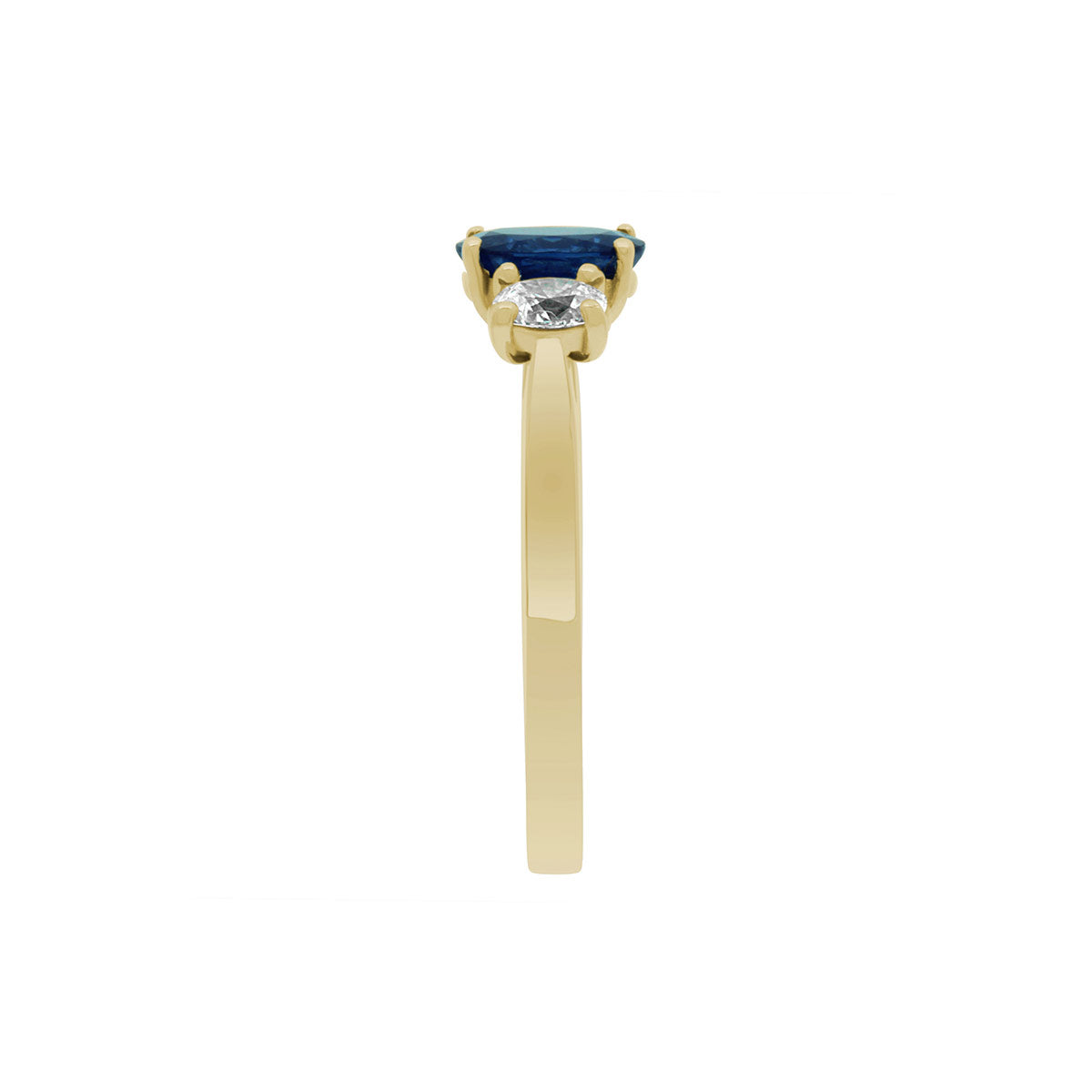 Sapphire & Diamond Trilogy Ring made for yellow gold from a side angle