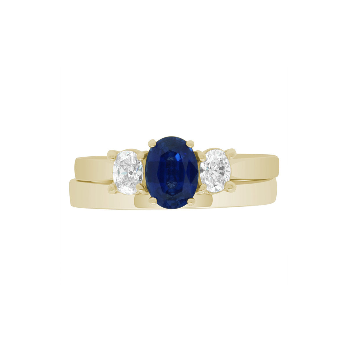 Sapphire & Diamond Trilogy Ring made from yellow gold with a matching yellow gold wedding ring