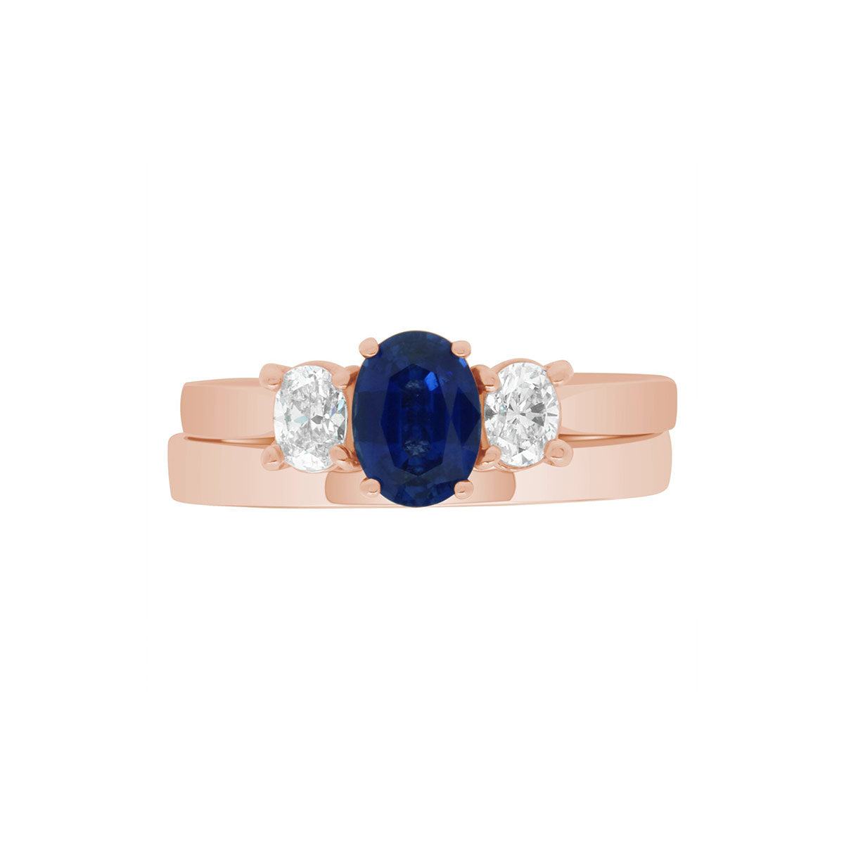 Sapphire & Diamond Trilogy Ring made from red gold with a matching red gold wedding band