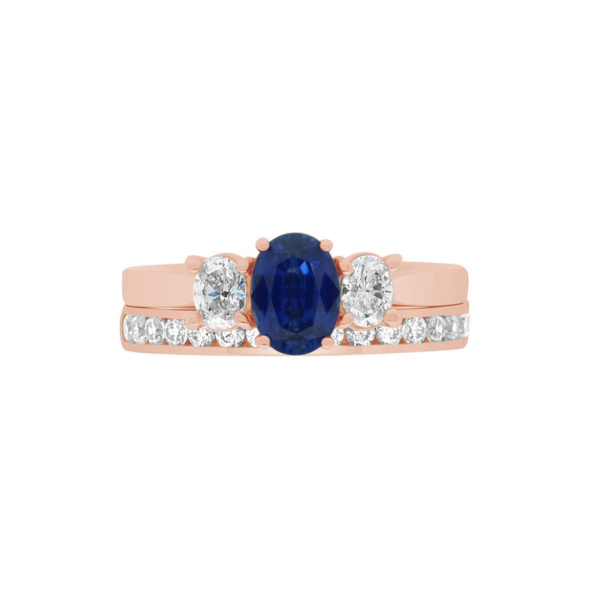 Sapphire & Diamond Trilogy Ring made from red gold with a matching diamond set wedding ring