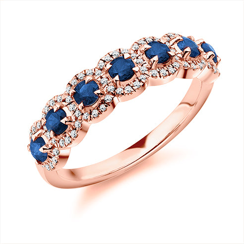 Sapphire With Diamond Halo Eternity ring in rose gold
