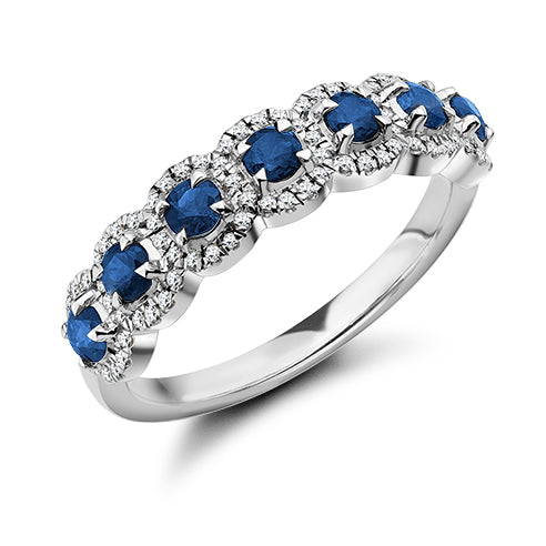 Sapphire With Diamond Halo Eternity ring in white gold
