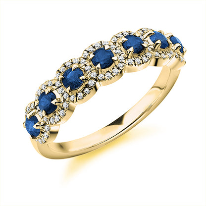Sapphire With Diamond Halo Eternity ring in yellow gold