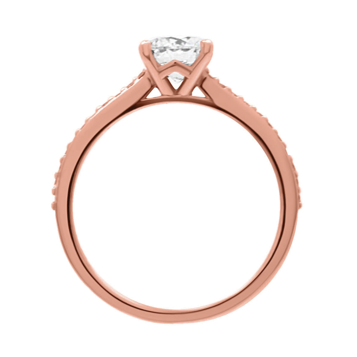 Solitaire with Diamond Shoulders in rose gold standing vertical