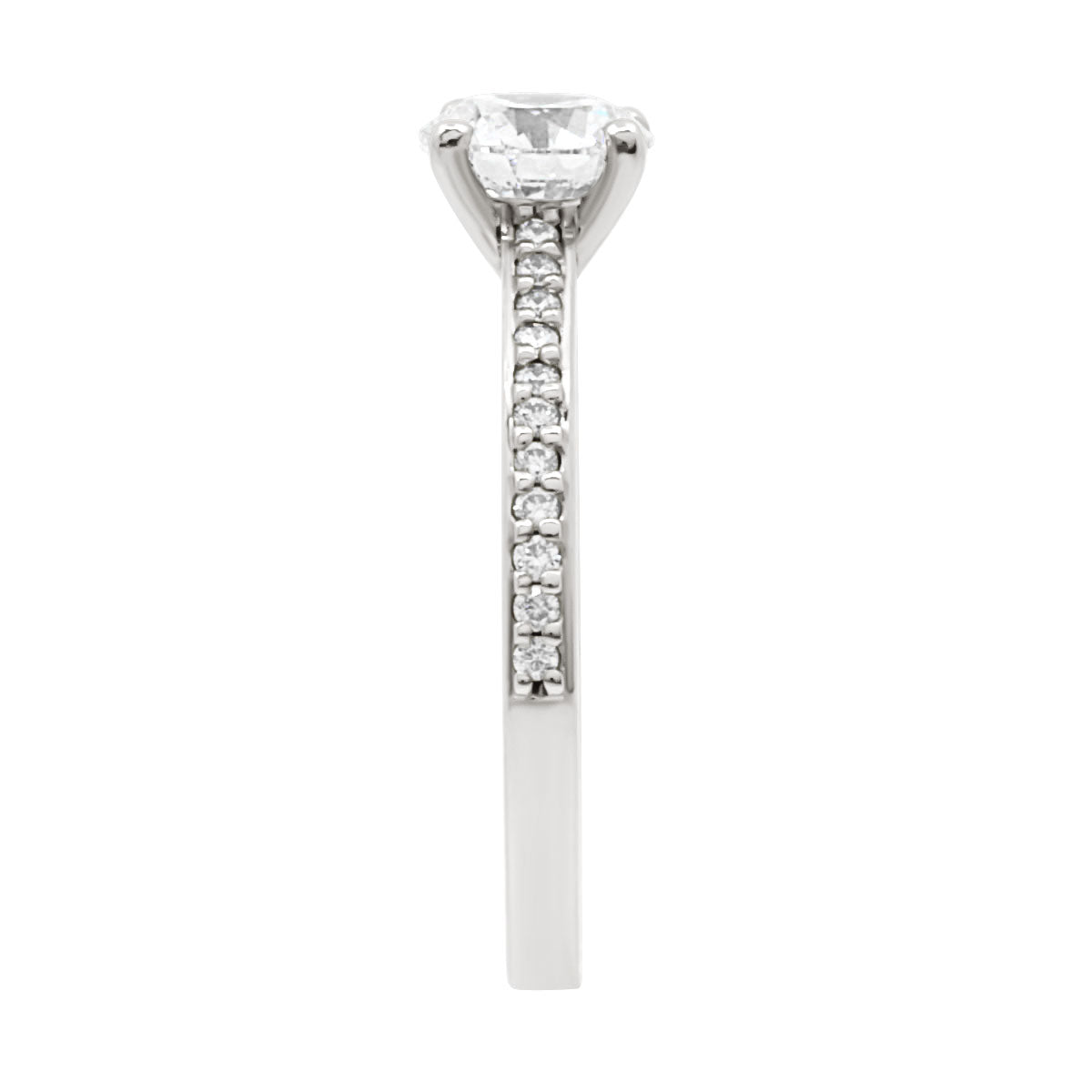 Solitaire with Diamond Shoulders in platinum 950 in upright position from a side view