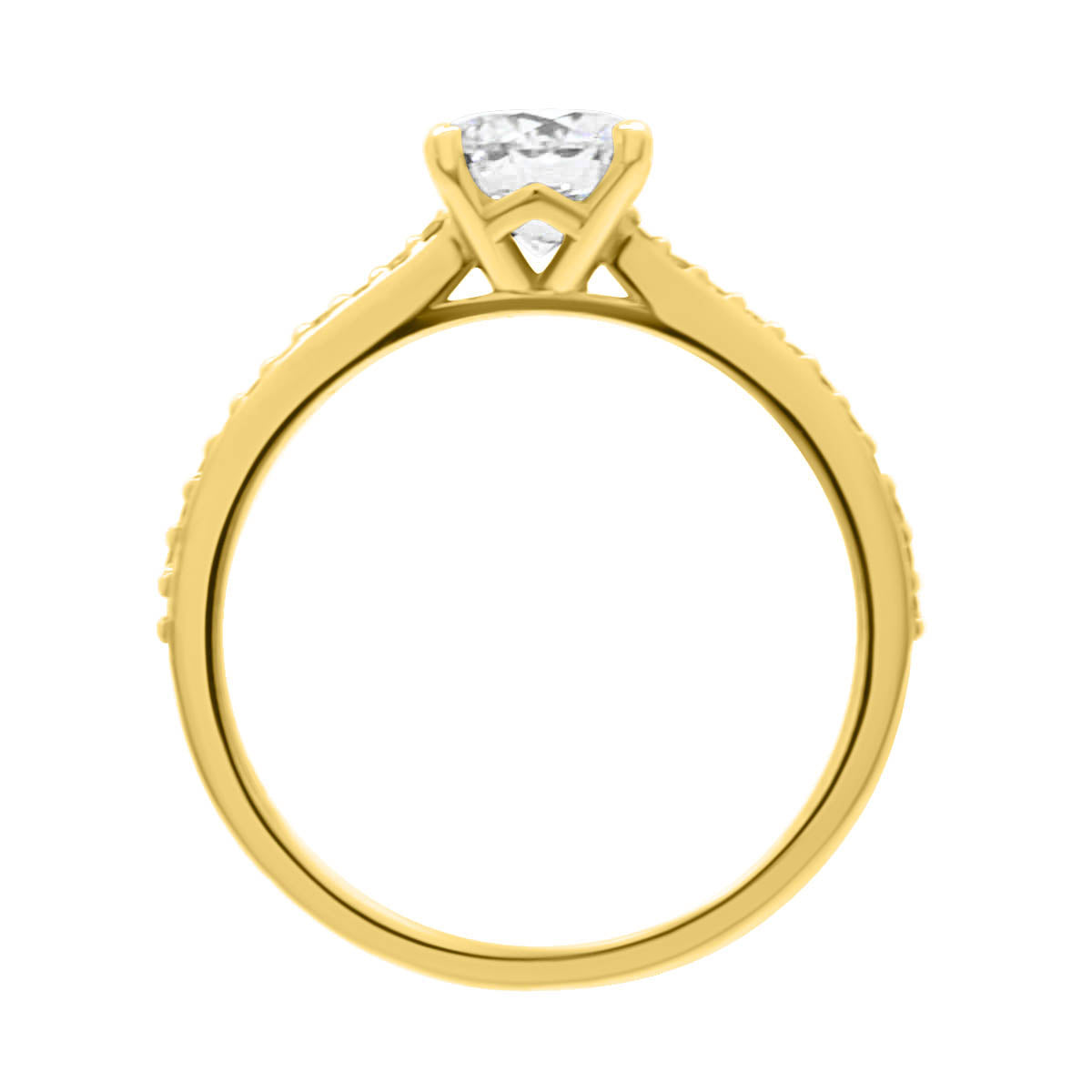 Solitaire with Diamond Shoulders in yellow gold in an upright position