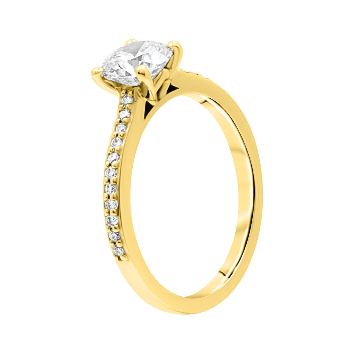 Solitaire with Diamond Shoulders in yellow gold standing upright and angled