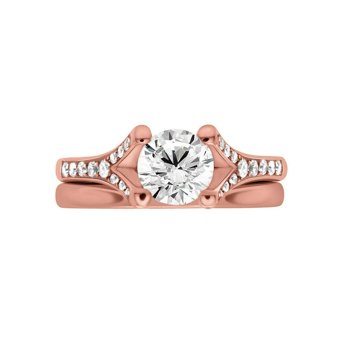 Round Cut Diamond Split Shank Engagement Ring with Rose Gold Set Band - 'Dakota'