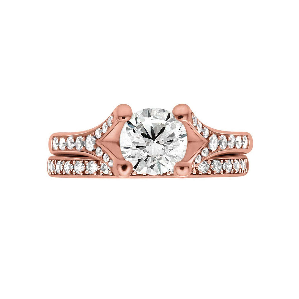 Round Cut Diamond Split Shank Engagement Ring with Rose Gold Set Band - 'Dakota'