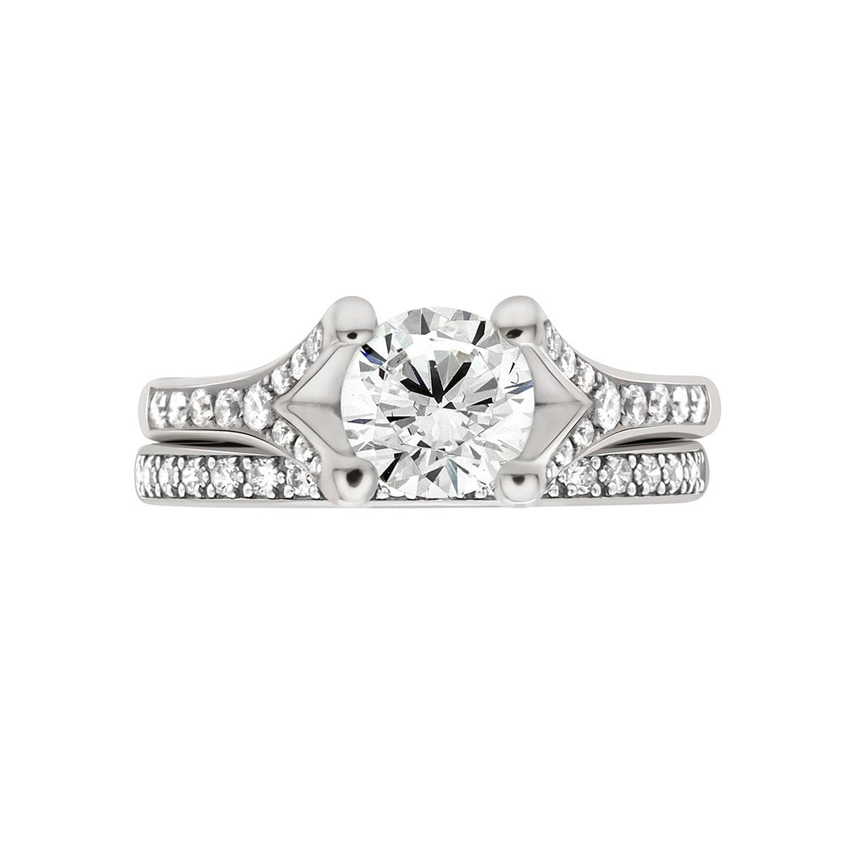 Round Cut Diamond Split Shank Engagement Ring with White Gold Set Band - 'Dakota'