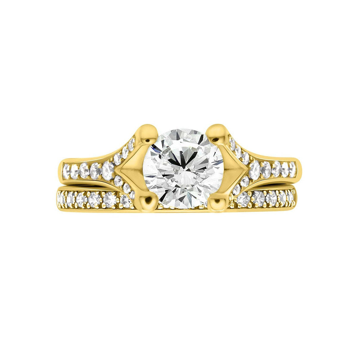 Round Cut Diamond Split Shank Engagement Ring with Yellow Gold Set Band - 'Dakota'