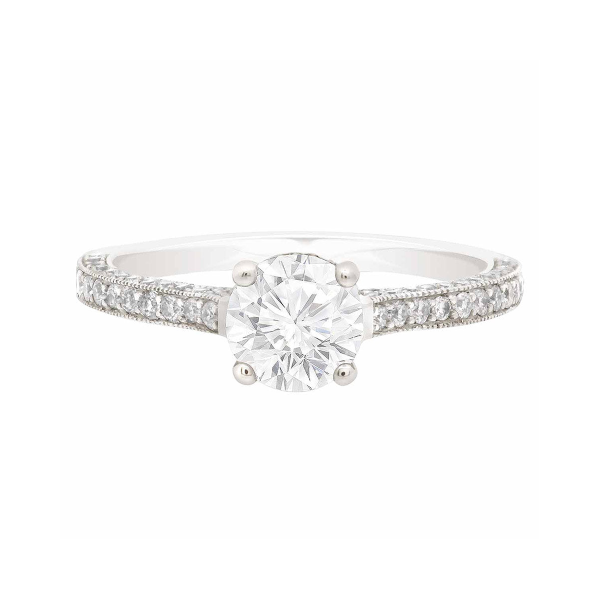 Thin Band Solitaire Ring with diamonds on sidewalls in white gold