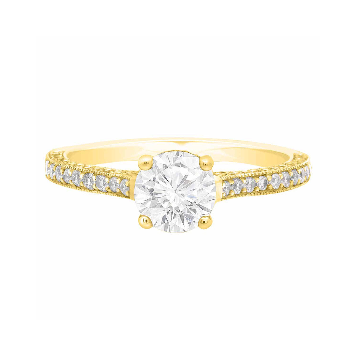 Thin Band Solitaire Ring with diamonds on sidewalls in yellow gold pictured laying flat on a white surface