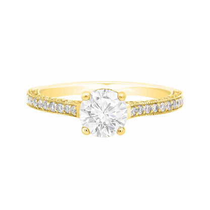 Thin Band Solitaire Ring with diamonds on sidewalls in yellow gold pictured laying flat on a white surface