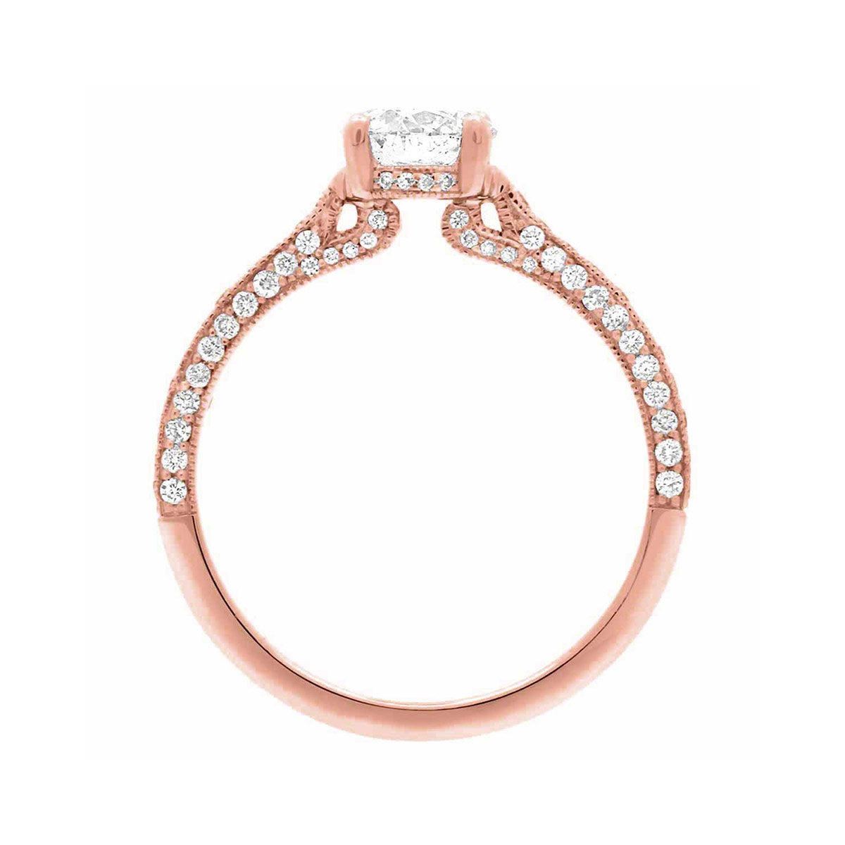 Thin Band Solitaire Ring with diamonds on sidewalls in rose gold pictured in an upright standing position
