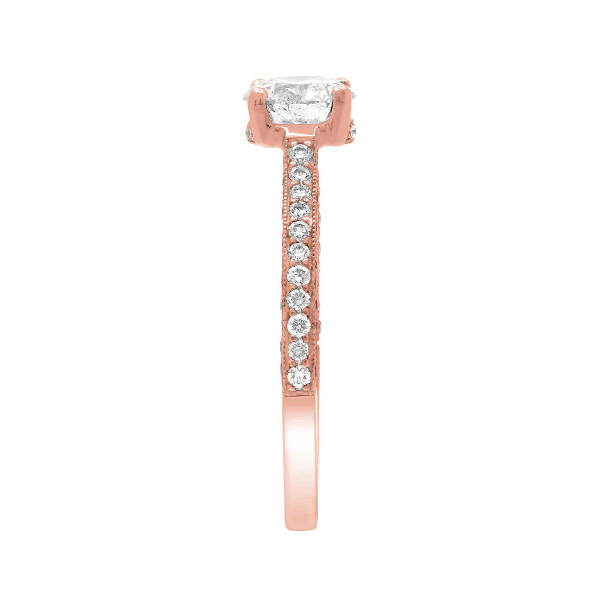 Thin Band Solitaire Ring with diamonds on sidewalls in rose gold pictured in an end view position