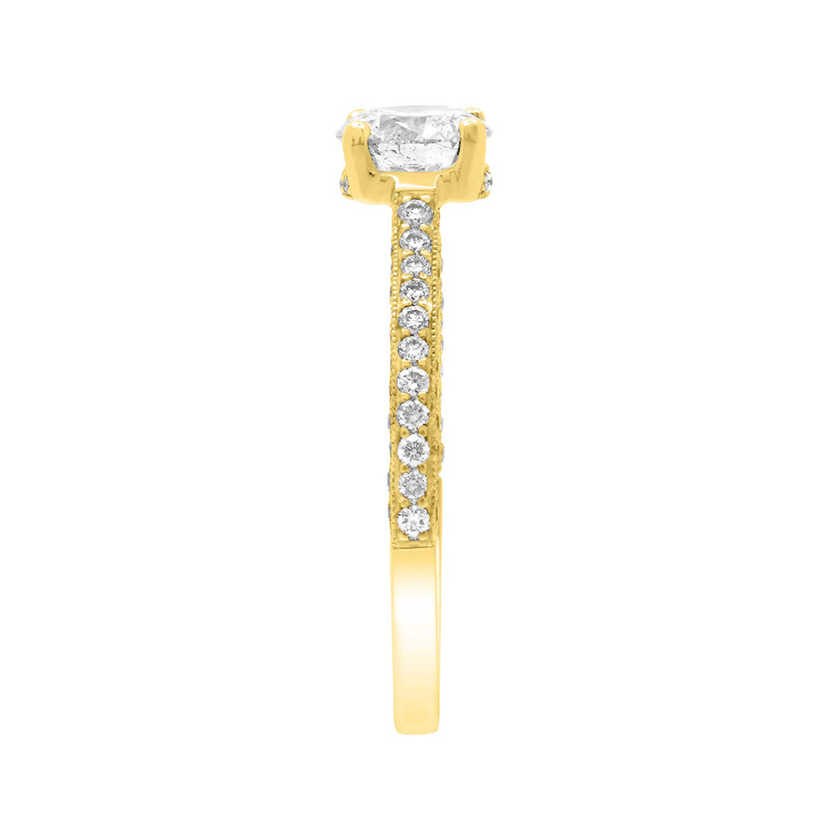 Thin Band Solitaire Ring with diamonds on sidewalls in yellow gold pictured in an end view position
