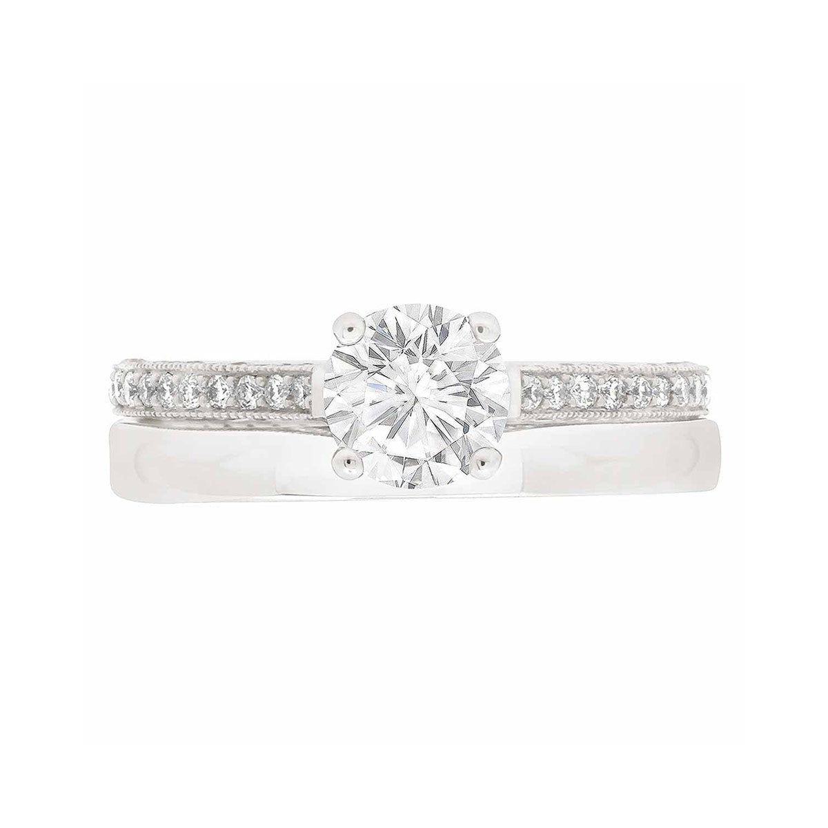 Thin Band Solitaire Ring with diamonds on sidewalls in white gold with plain wedding banc
