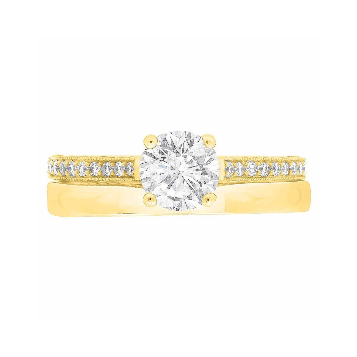 Thin Band Solitaire Ring with diamonds on sidewalls in yellow gold pictured with a matching plain gold wedding band