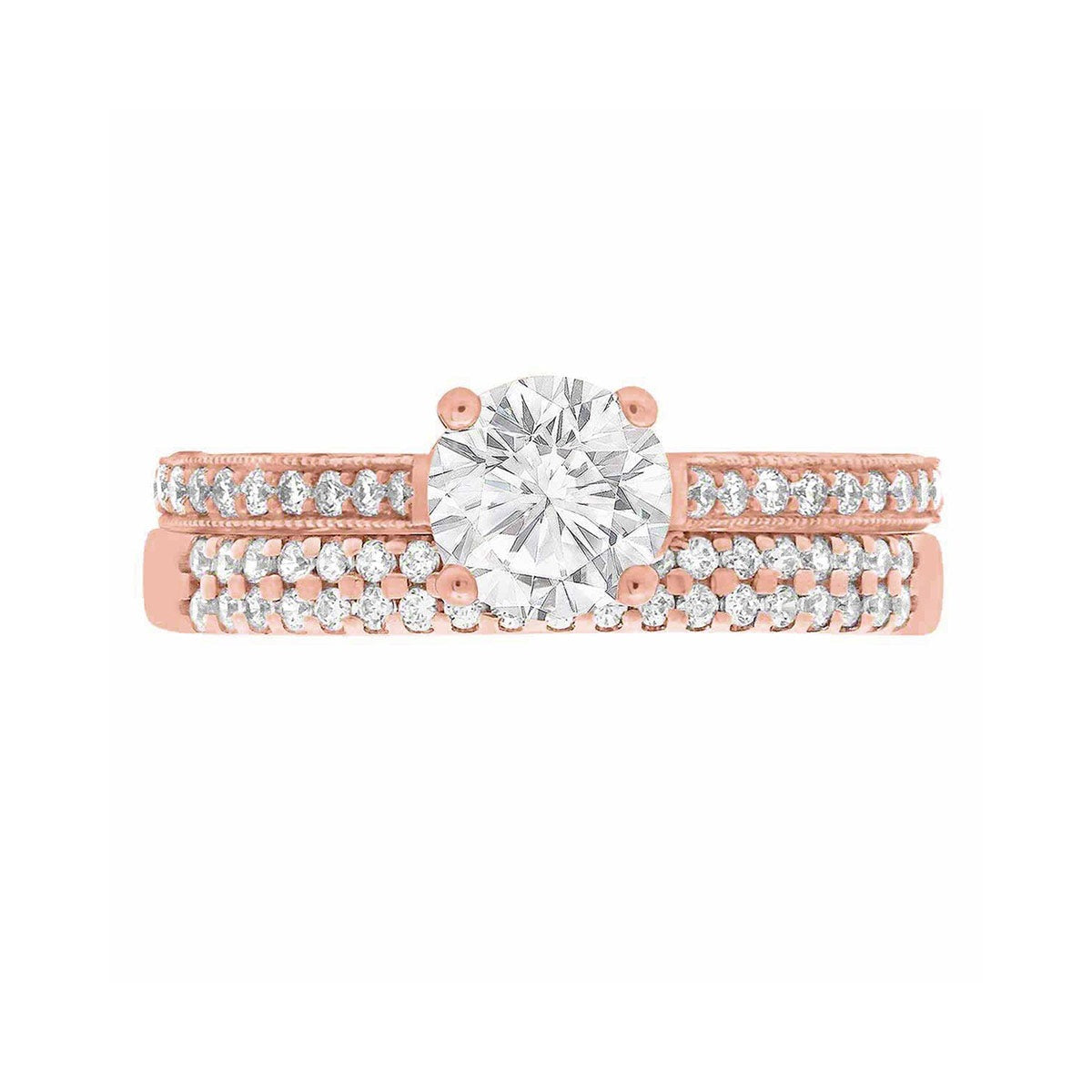 Thin Band Solitaire Ring with diamonds on sidewalls in rose gold pictured with a matching diamond wedding ring