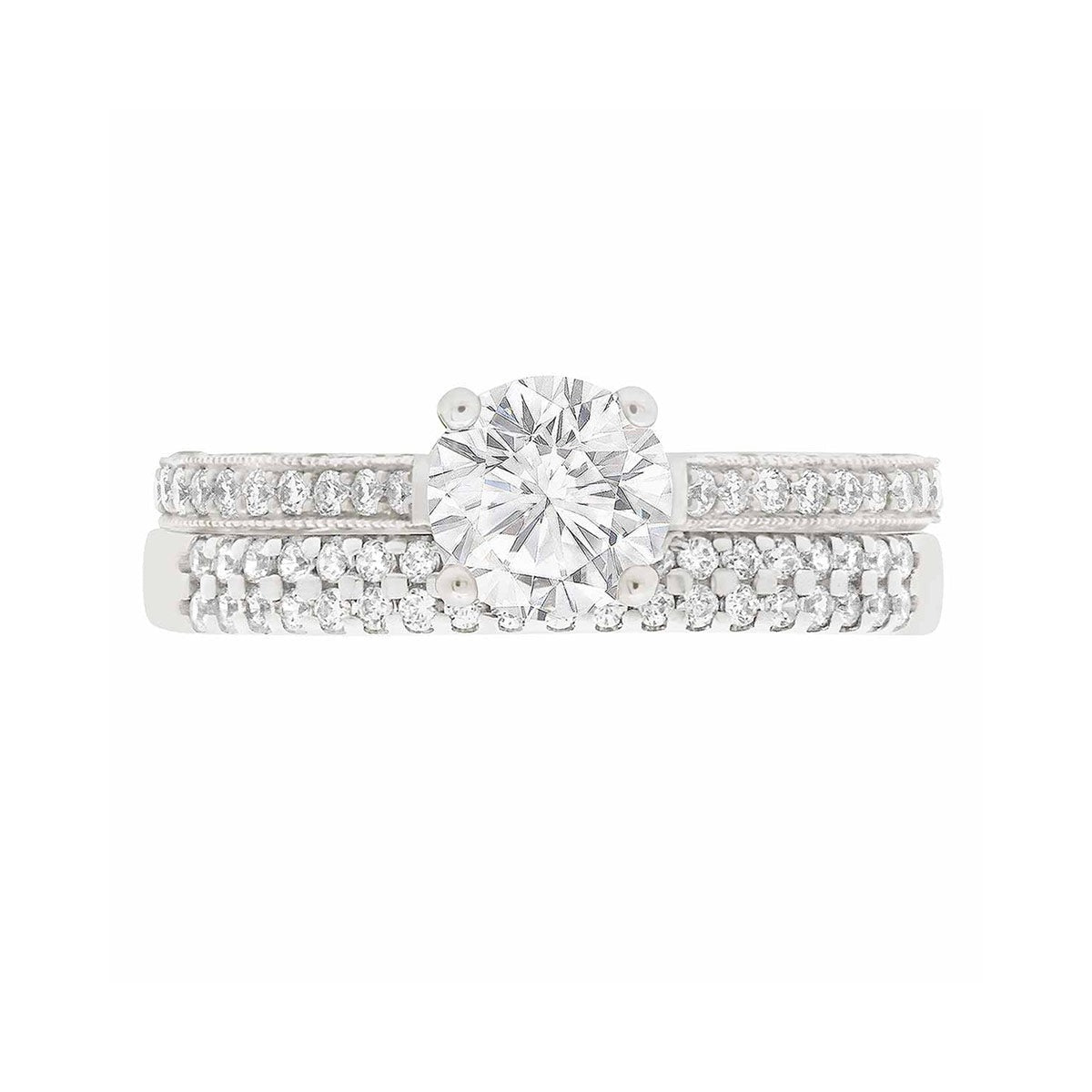 Thin Band Solitaire Ring with diamonds on sidewalls in white gold with matching wedding ring