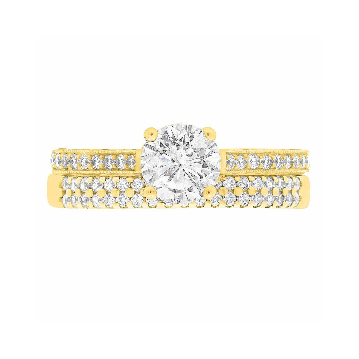 Thin Band Solitaire Ring with diamonds on sidewalls in yellow gold pictured with a matching diamond wedding band