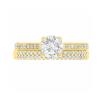 Thin Band Solitaire Ring with diamonds on sidewalls in yellow gold pictured with a matching diamond wedding band