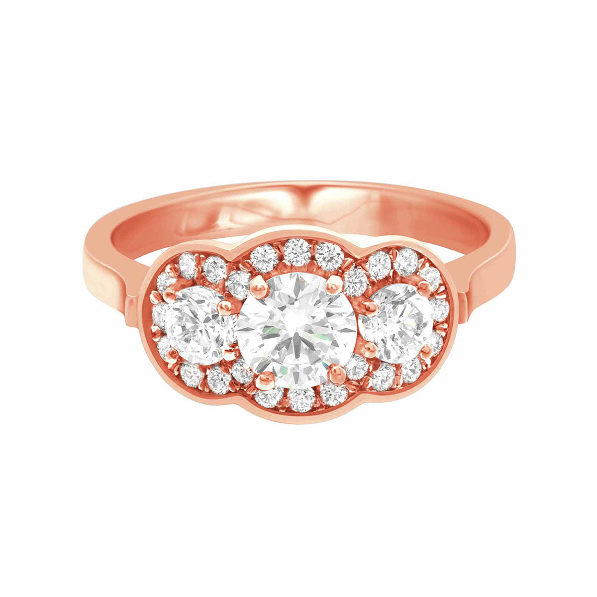 Three Halo Engagement Ring in rose gold, lying flat with a white background