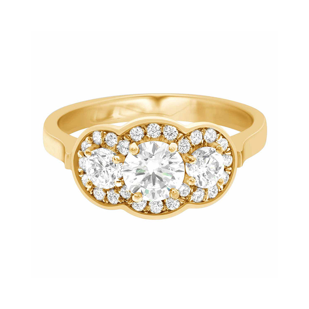 Three Halo Engagement Ring in yellow gold, lying flat with a white background