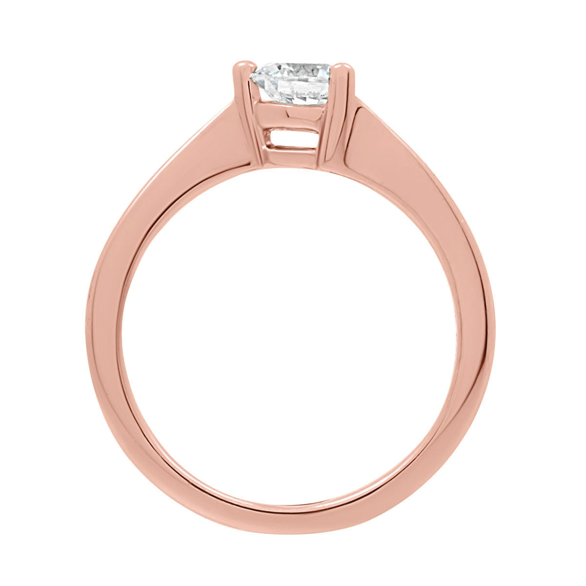 Three Claw Engagement Ring in rose gold standing in a vertical position