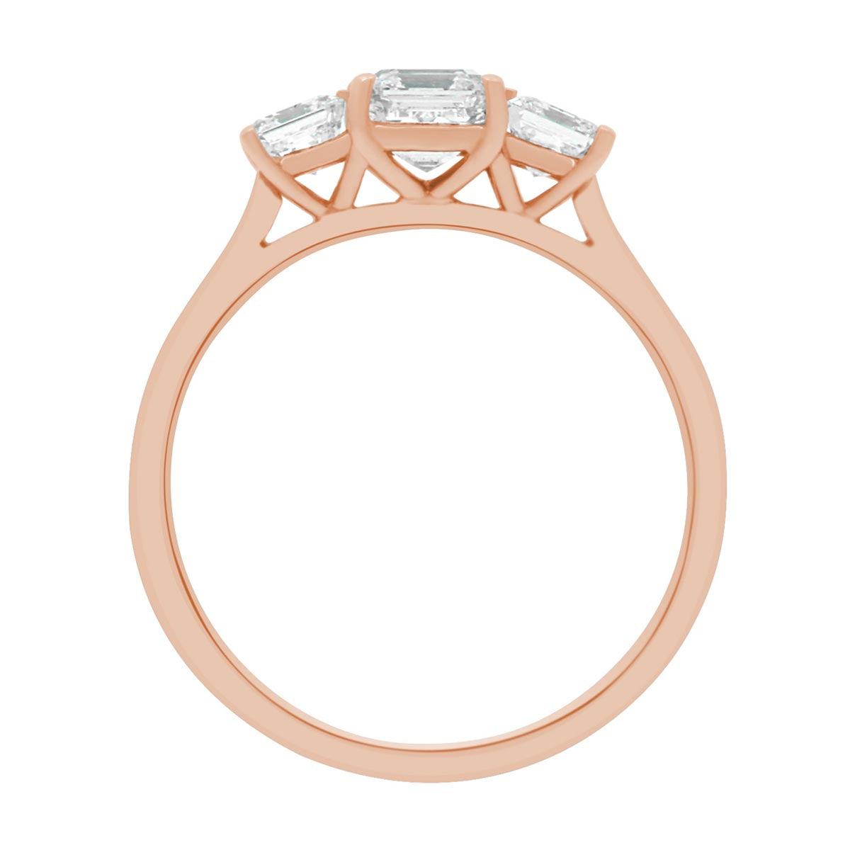 Three Stone Asscher Cut made in rose gold in upright position