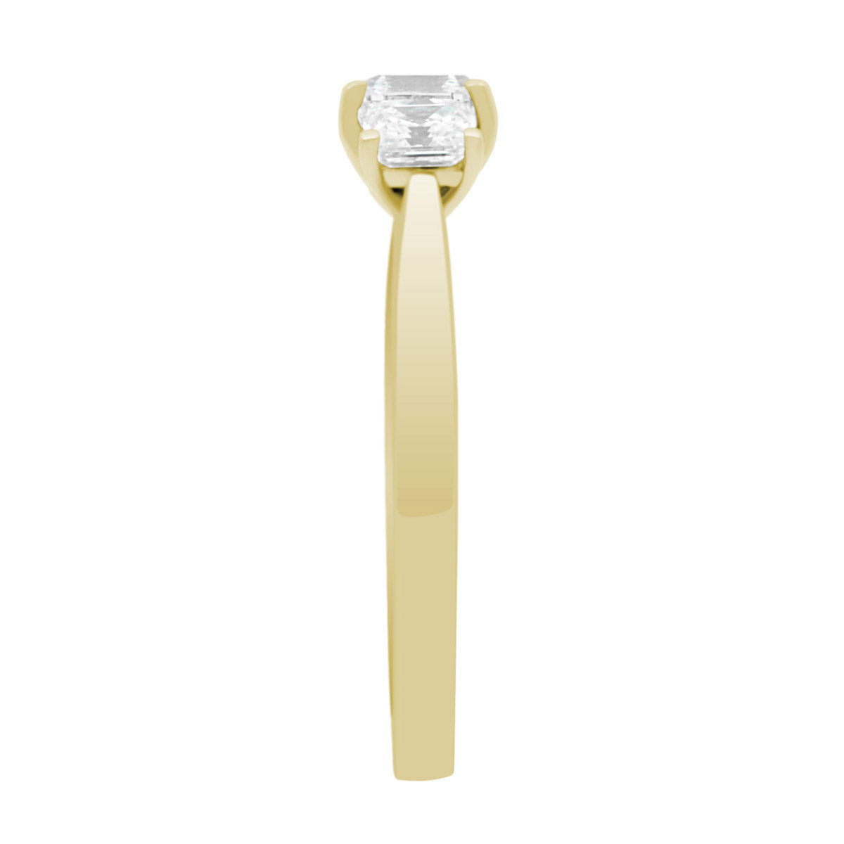 Three Stone Asscher Cut made in yellow gold from a side view